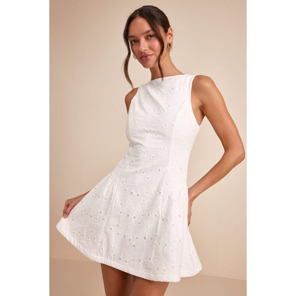 Lulus Celenia White Eyelet Embroidered Sleeveless Mini Dress - Size M